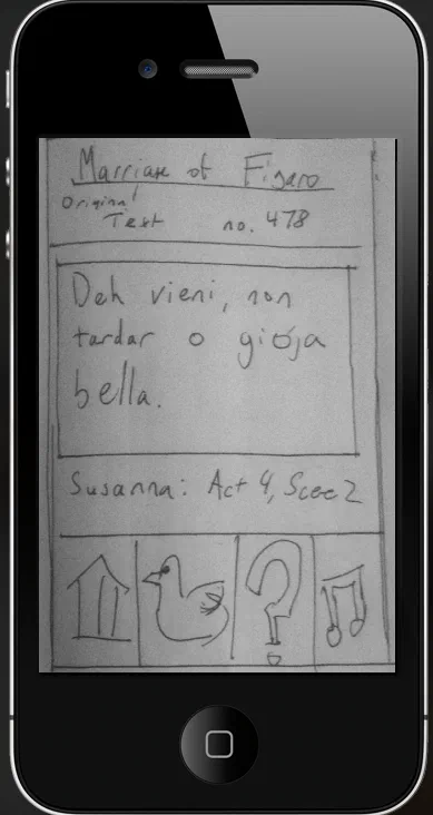 A hand-drawn opera supertitle and navigation interface displayed in an iPhone mockup.