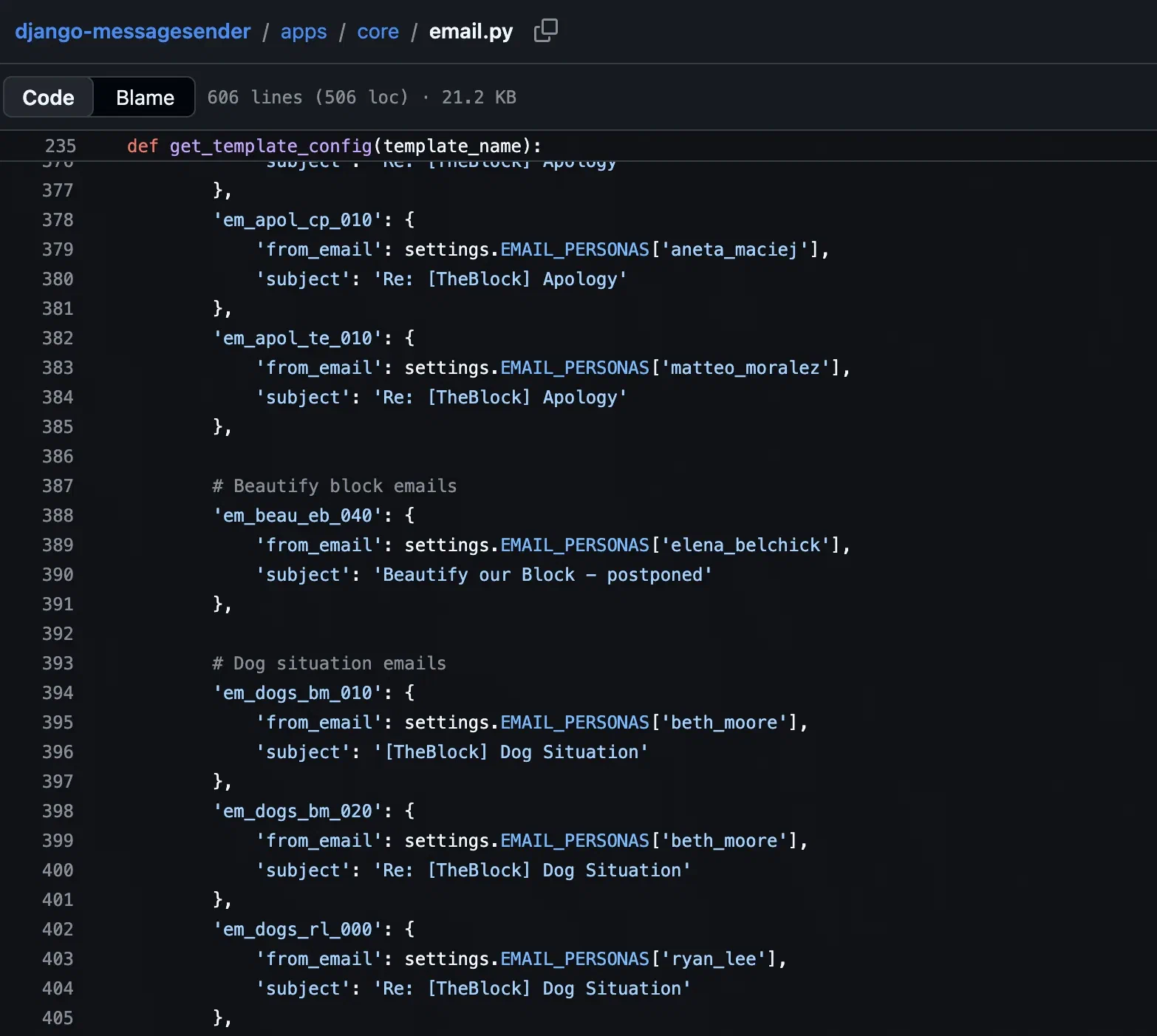 Python configuration code assigns narrative email subjects and sender personas to Block Association message templates.
