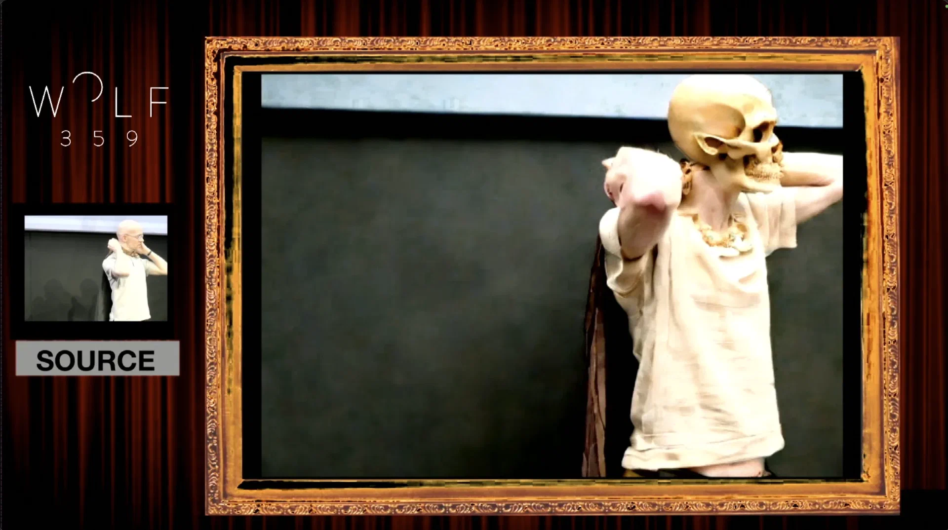 A live performer holding a skull appears beside an AI-generated transformation of the same pose.