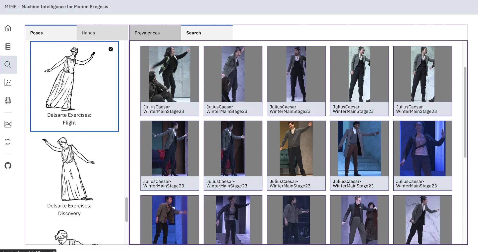 The MIME interface returns matching body positions from productions of Julius Caesar.