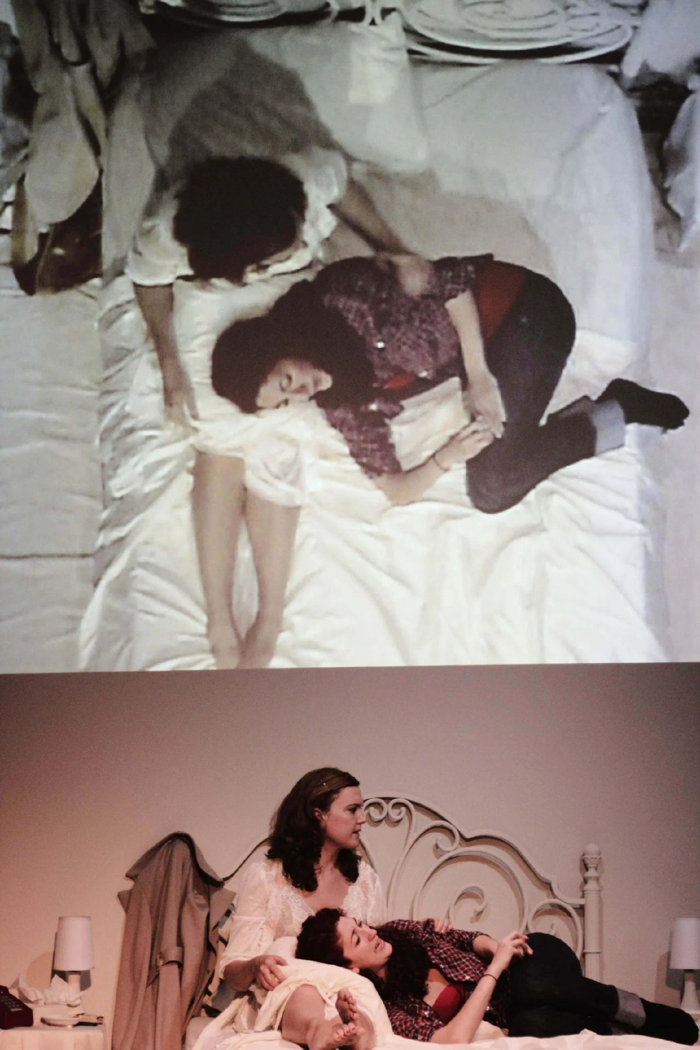 Two stacked views show women together on a bed beneath a suspended performer.