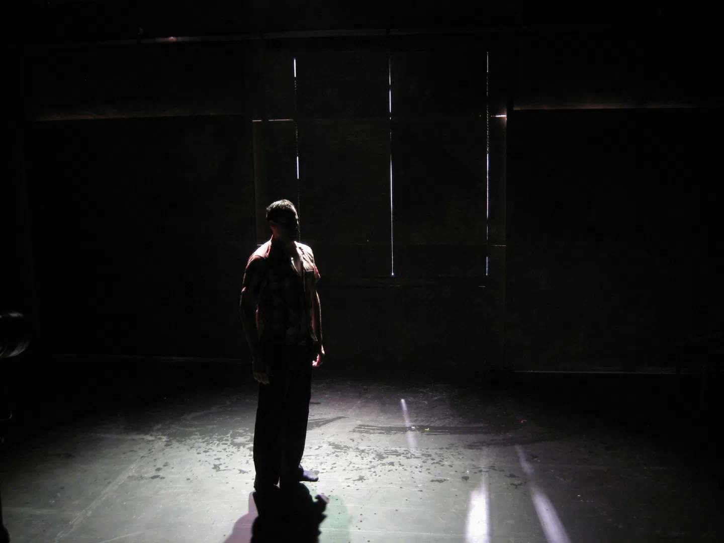 A lone performer stands in a narrow shaft of light on a dark stage.