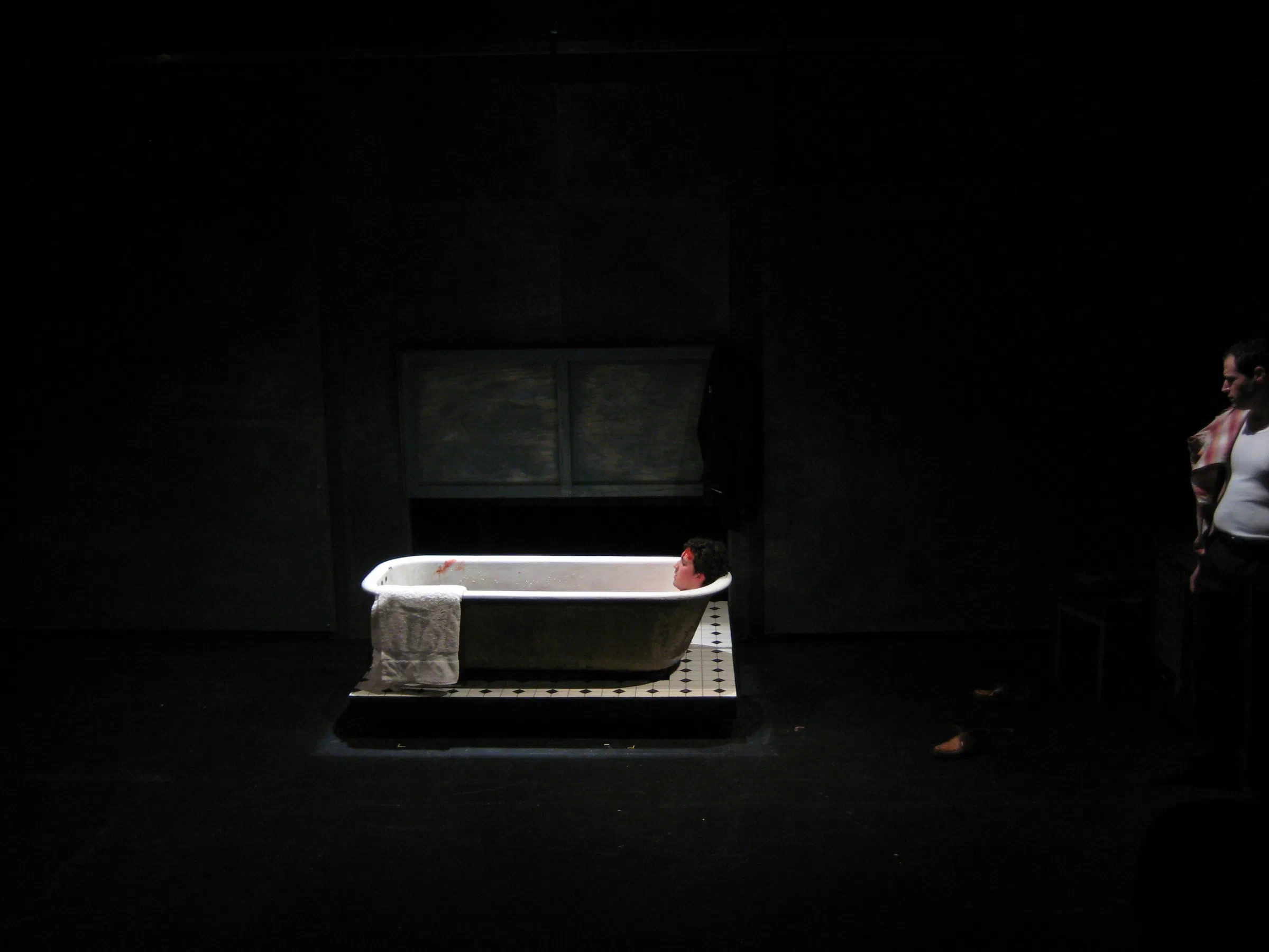 Two performers face each other across a bathtub isolated on a dark stage.