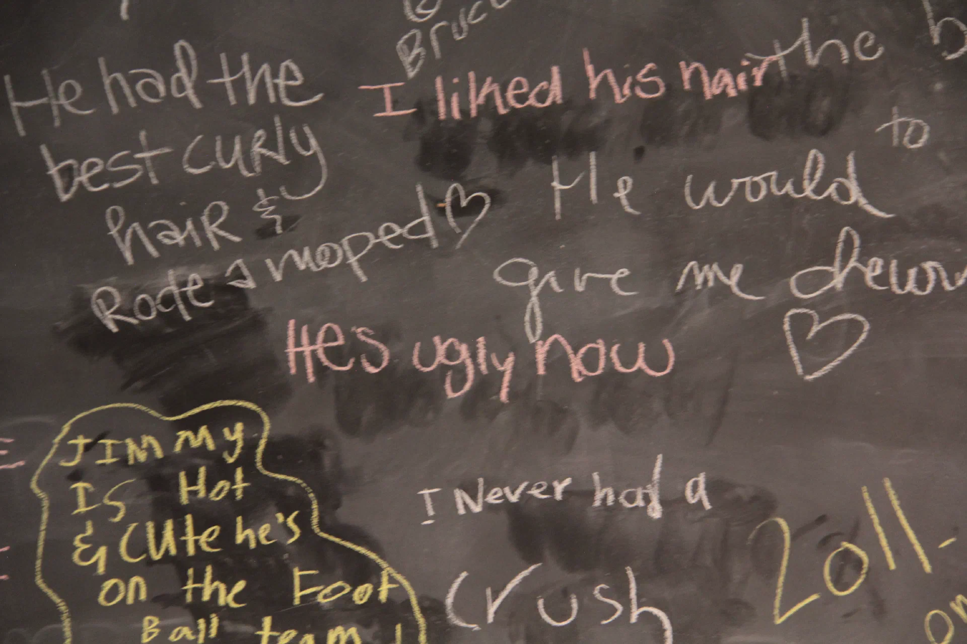 A chalkboard is covered with overlapping handwritten memories in white and yellow chalk.