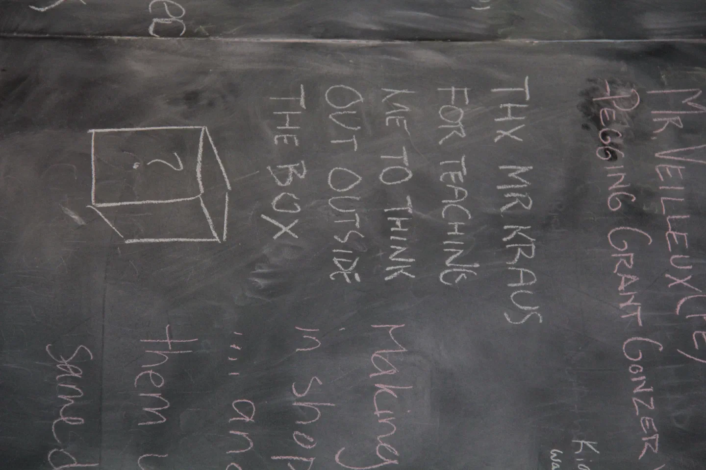 A chalkboard displays handwritten names, phrases, and a diagram of a box.