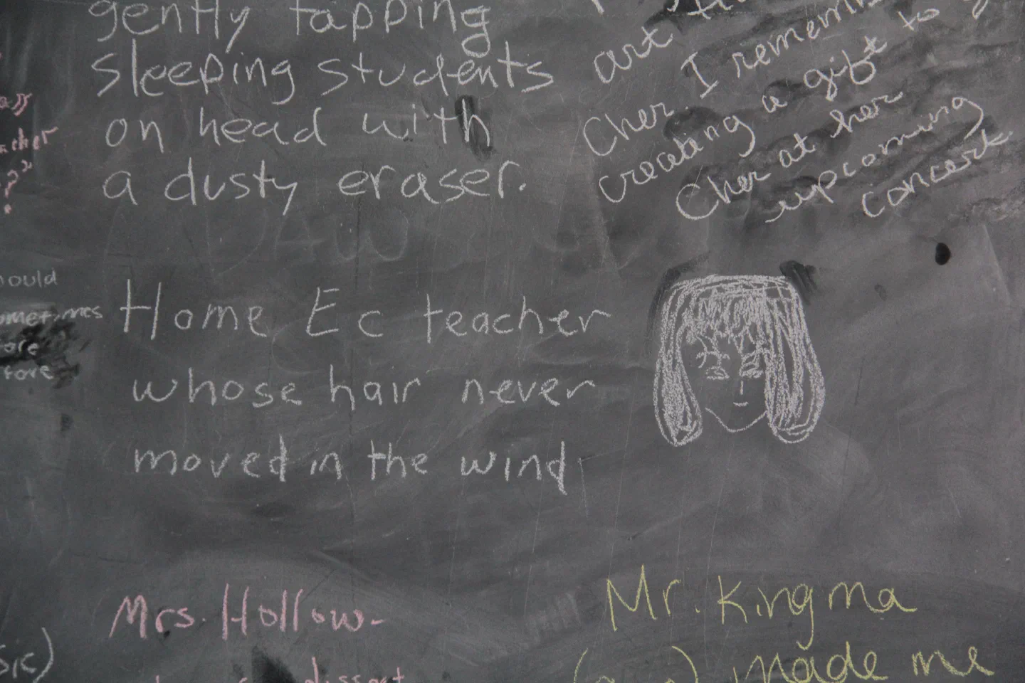 Handwritten memories and a small anatomical drawing cover a chalkboard.