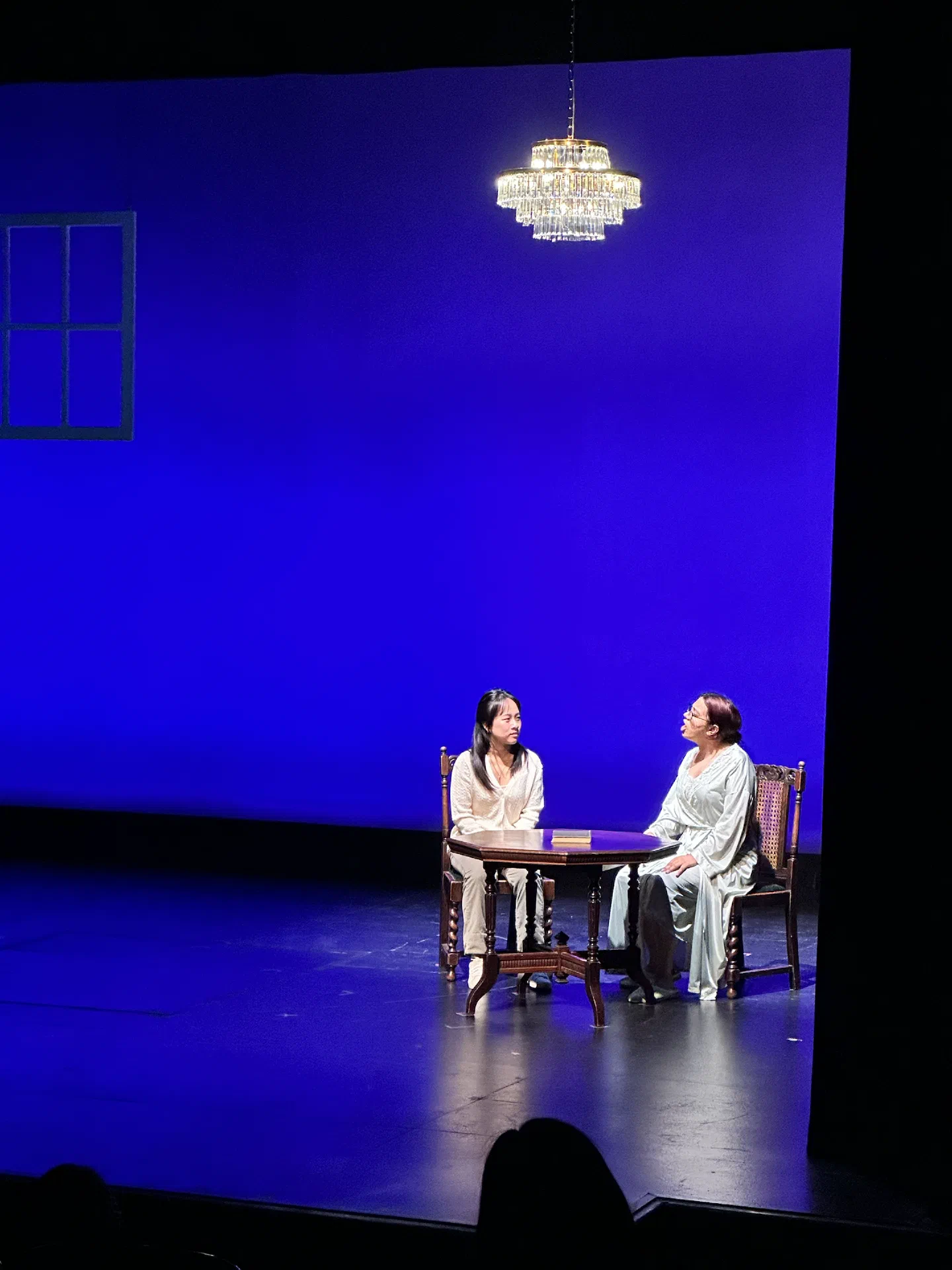 Two women sit across a table beneath a suspended fluorescent light.