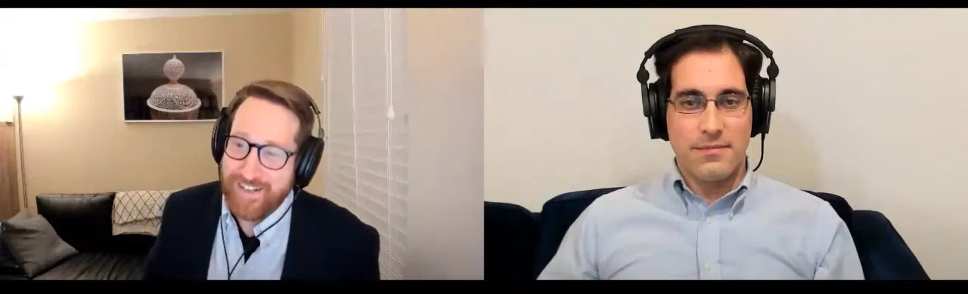 Two men wearing headphones appear side by side in separate video windows.