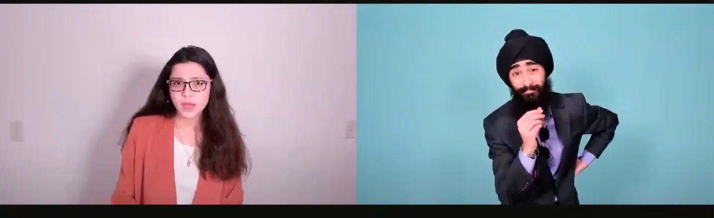 A woman and a bearded man in a turban perform in adjacent video windows.