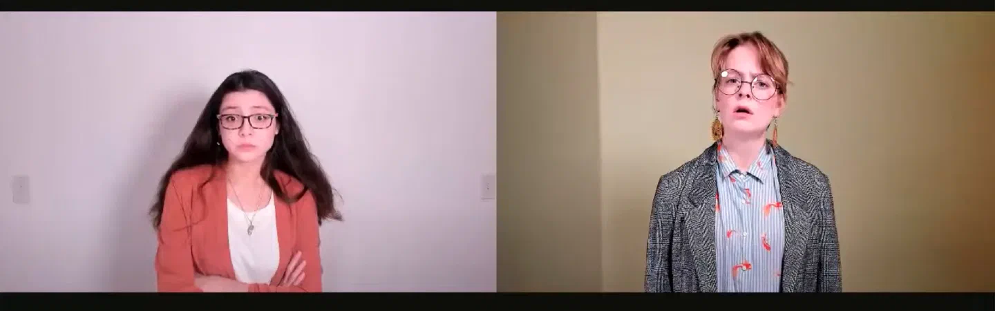 Two women sing from adjoining video windows against pale backgrounds.