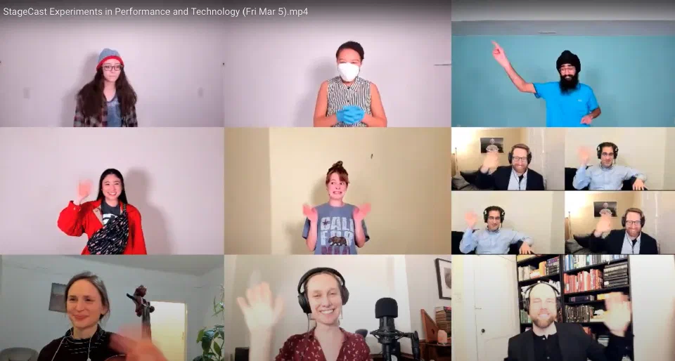 A grid of remote performers appears together during the online StageCast presentation.
