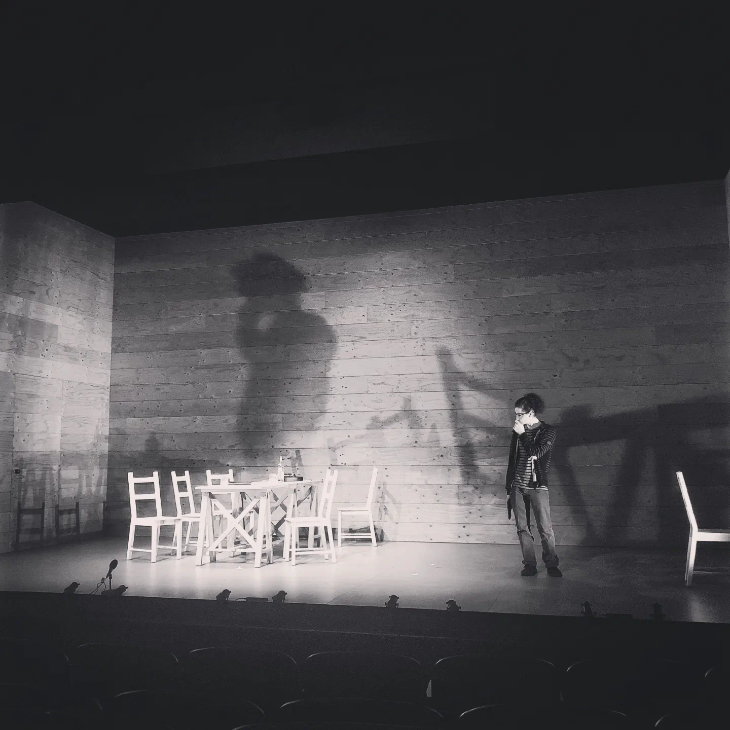 A grainy monochrome projection enlarges the shadow of a woman beside scattered chairs.